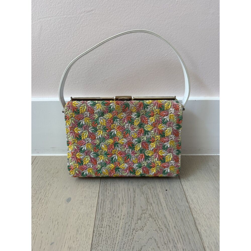 Vintage 1960s MCM Pink Green Embroidered Top Handle Evening Bag Kiss Lock Purse
